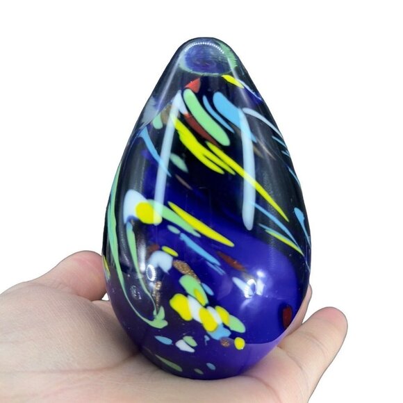 Other - Multicolor Egg Shaped Art Glass Paperweight Figurine Cobalt Blue Dots 4"T 2.25"W